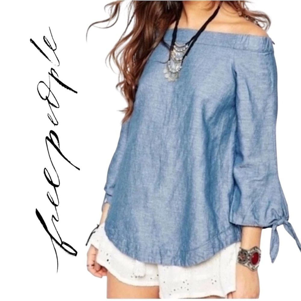 Free People Show Me Some Shoulder Chambray Cotton Linen Denim Off Shoulder Top